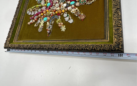 Unsigned Vintage Jewelry Art Floral Assemblage 24x20 Green Velvet Framed