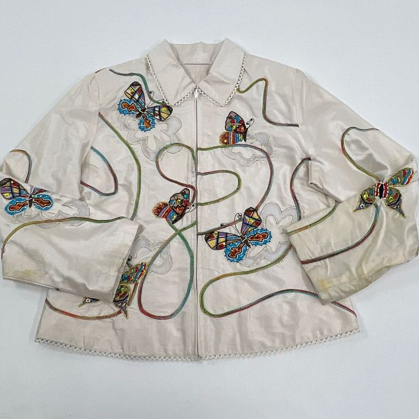 VTH Women's Anage White Embroidered 100% Silk Full Zip Jacket India Size Medium