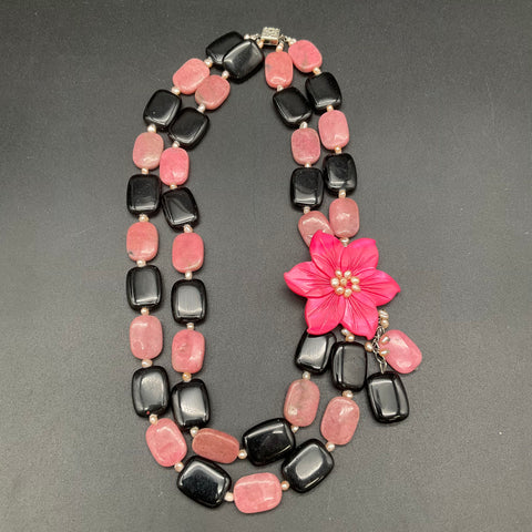 Double Strand Rhodonite Onyx Stone Pearl Carved Flower Statement Necklace