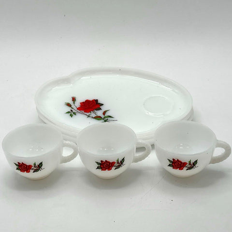 Federal Glass Rose Milk Glass Snack Set 3 Cups 3 Plates 6 Piece Vintage