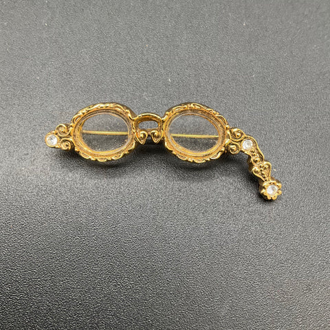 Vintage Gold Tone Opera Glasses Lorgnette Brooch Victorian Style Rhinestones