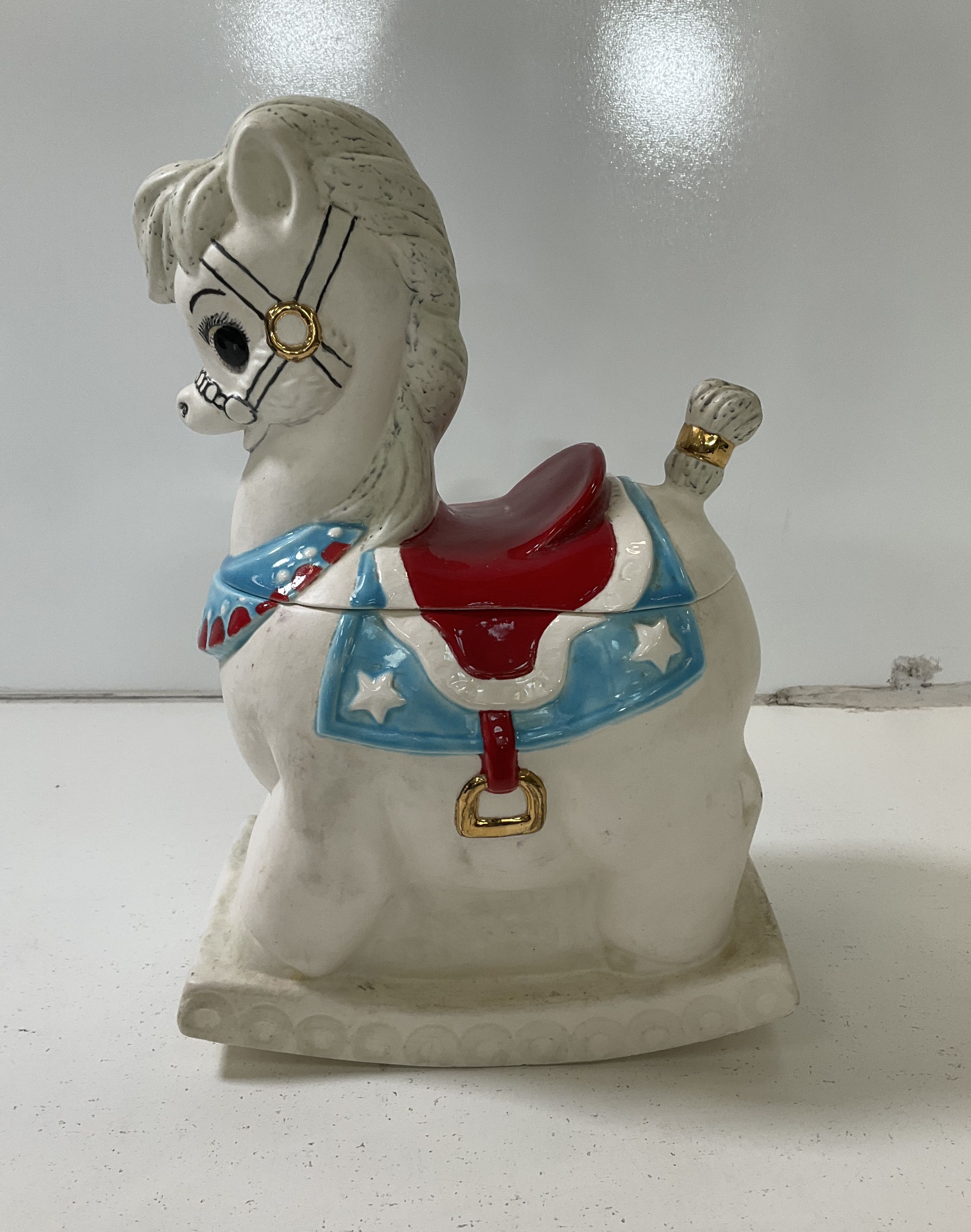 Vintage Alberta's Bisque Rocking Horse Cookie Jar White Red Blue Hand Painted