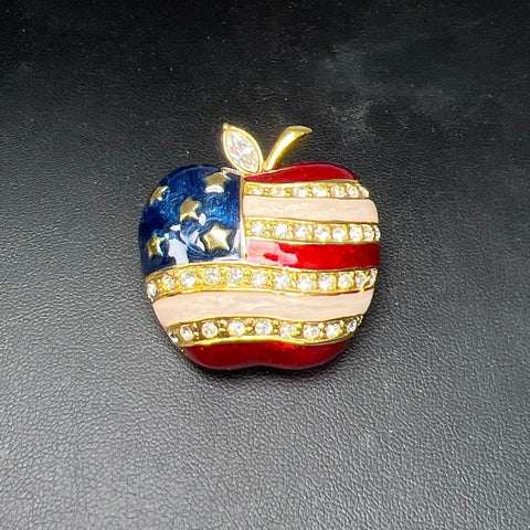 GE W Lind Patriotic Apple Red White Blue Rhinestone Brooch