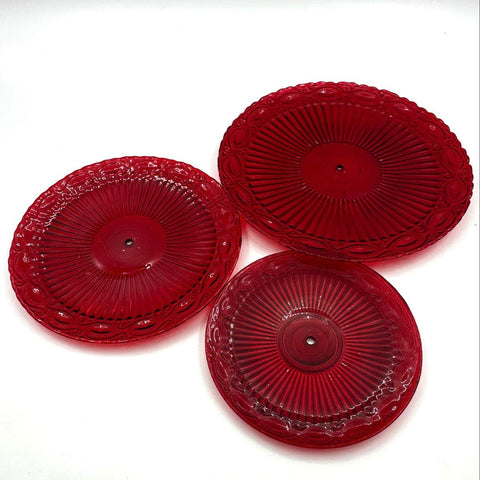 Pressed Glass Ruby Red Sunburst Pattern Plates Set 3 for Tiered Stand Vintage