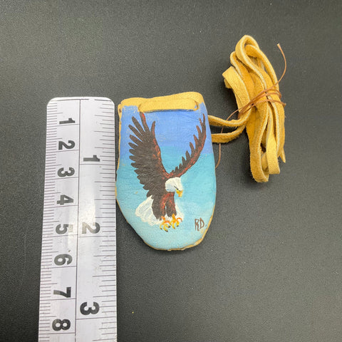 Signed RD Hand Painted Bald Eagle Leather Medicine Pouch Folk Art 2.5" x 2"