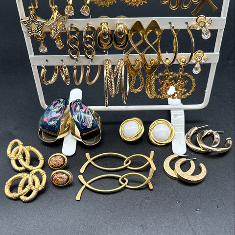 Vintage 1980s 90s Gold Tone Costume Jewelry Lot 24 Pairs Hoops Dangles Studs
