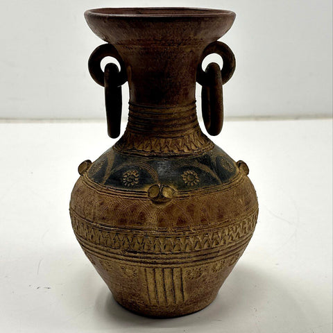 Vintage Pottery Vase Ring Handles Incised Geometric Folk Art Style Brown 11"