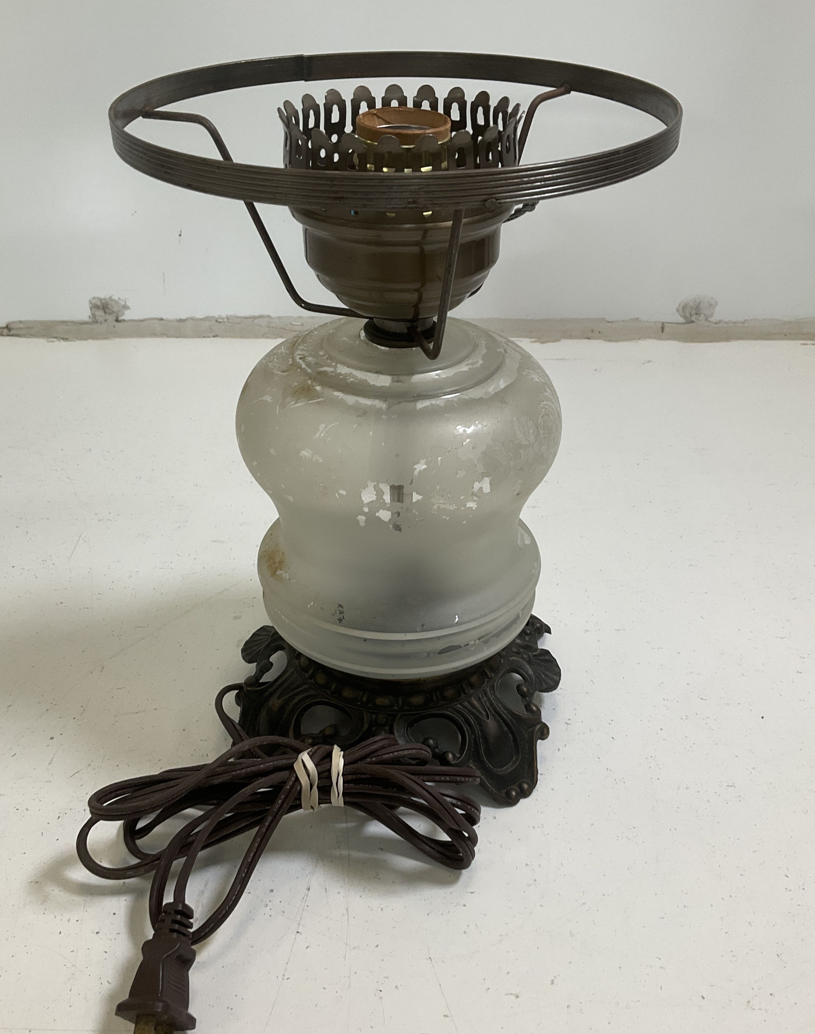Vintage Pair Victorian Revival Table Lamps Frosted Etched Glass Rococo Style
