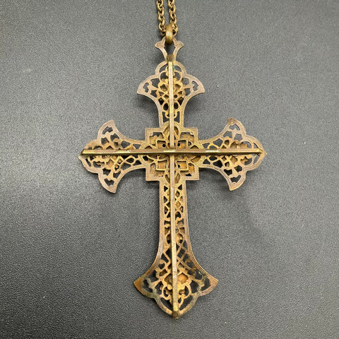 Antique Style Filigree Cross Pendant Necklace Paste Stone As-Is Repair 24"