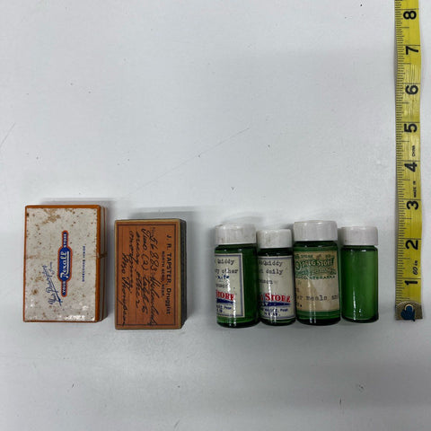 Vintage Rexall Apothecary Lot 6 Pieces Green Glass Bottles & Prescription Boxes
