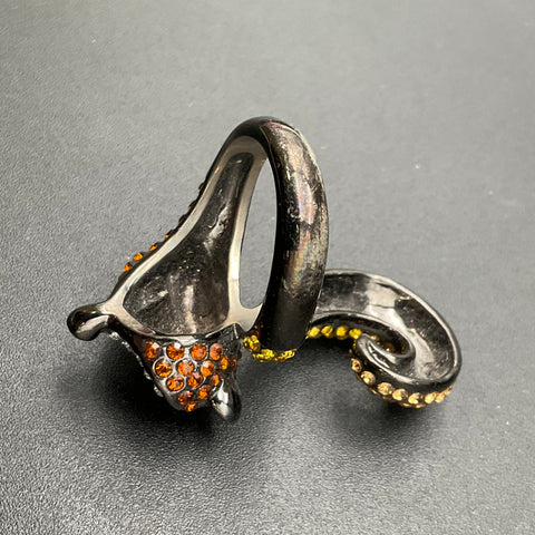 Fox Costume Ring Gunmetal Tone Orange Yellow Clear Rhinestones Size 9