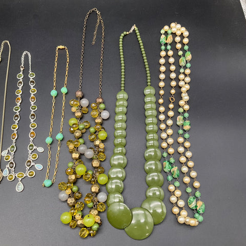 Vintage & Modern Green Fashion Jewelry Lot 8 Necklaces Beaded Statement Pendant