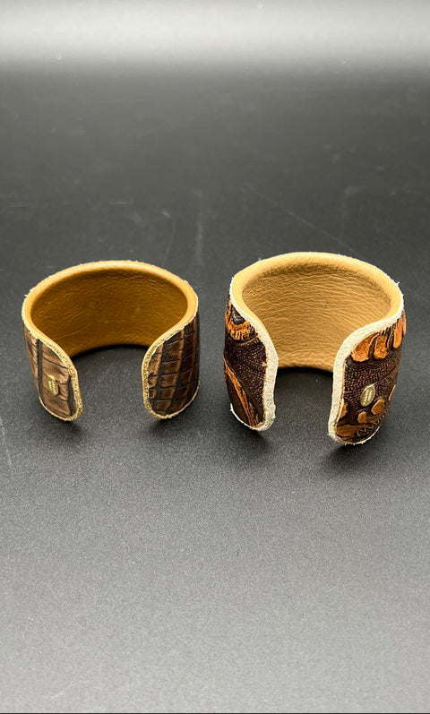Annie Hammer Lot of 2 Tooled & Croc Embossed Leather Cuff Bracelets Signed