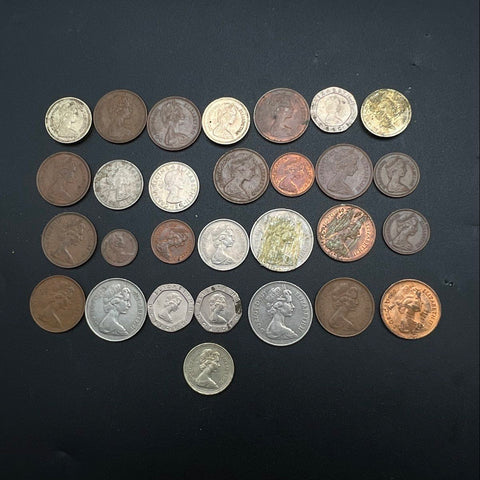 Vintage British Coin Lot 29 Pieces Mixed Denominations Elizabeth II Glue Residue