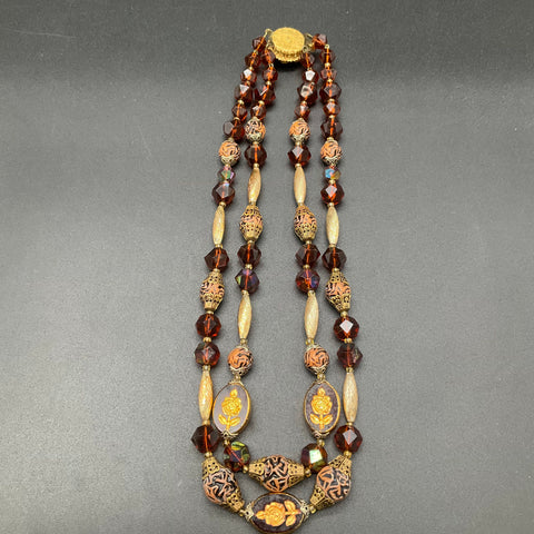 Vintage Costume Jewelry Lot of 2 Beaded Necklaces Rose Motif Double Strand