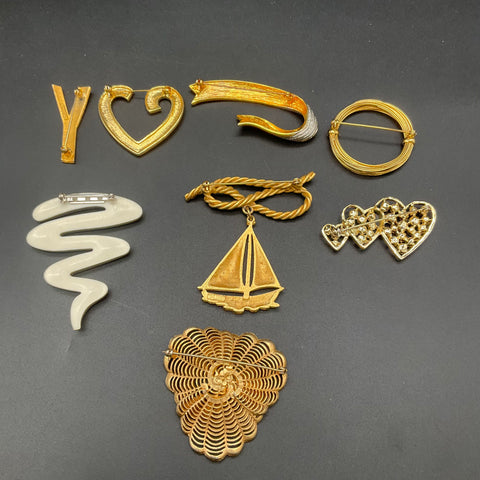 Vintage Monet Gold Tone Nautical Heart Rhinestone Jewelry Brooch Pin Lot of 8