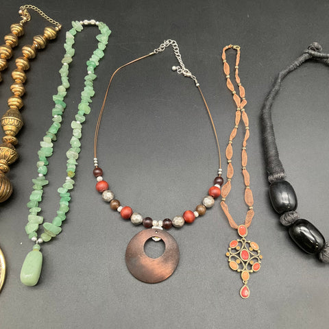 Mixed Costume Jewelry Lot 8 Necklaces Boho Ethnic Tribal Beaded Wood Feather