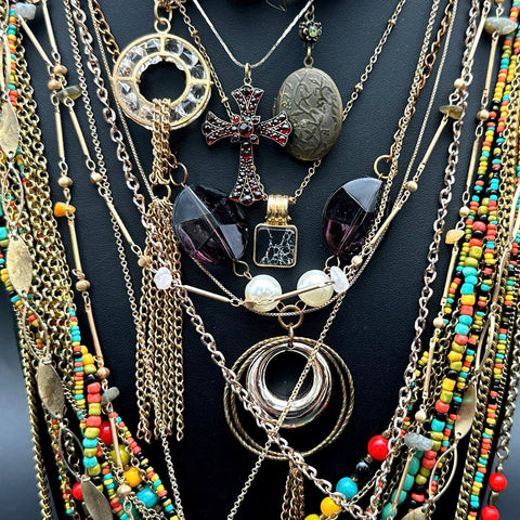 Vintage to Modern Gold Tone Costume Jewelry Lot Statement Necklaces Beaded Boho