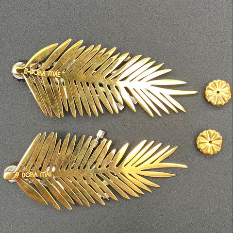 Dora Mae Gold Tone Rhinestone Palm Frond Statement Dangle Earrings