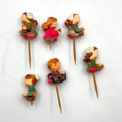 Vintage Japanese Hand Painted Carved Wood Candle Holder Picks Lot 6 pieces
