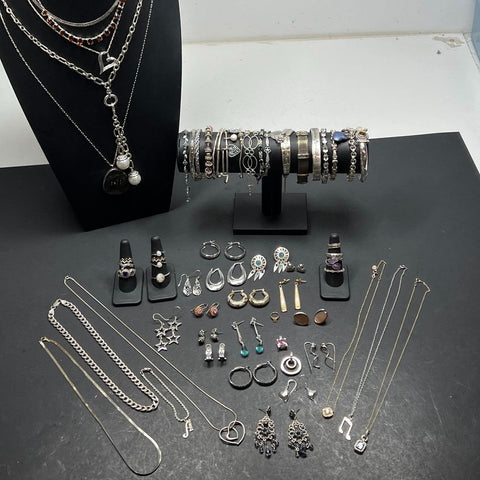 Silver Plate Necklaces Rings Earrings BraceletsJewelry Lot 499.72g