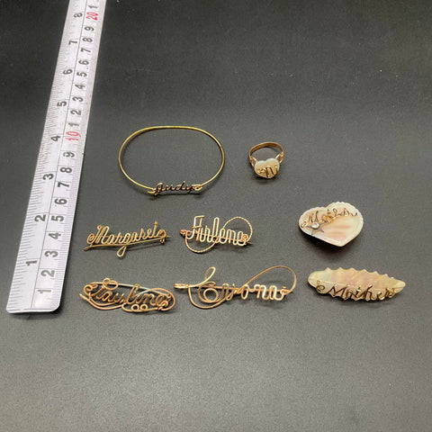 Vintage Wire Name Initial Jewelry Lot of 8 Brooches Bracelet Ring Mother Shell