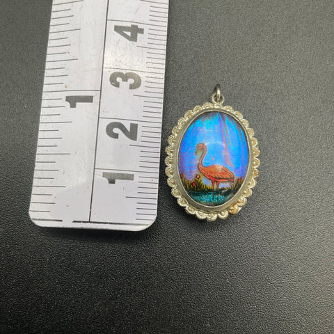 Vintage Morpho Butterfly Wing Pendant Reversible Flamingo Palm Tree Silver Tone