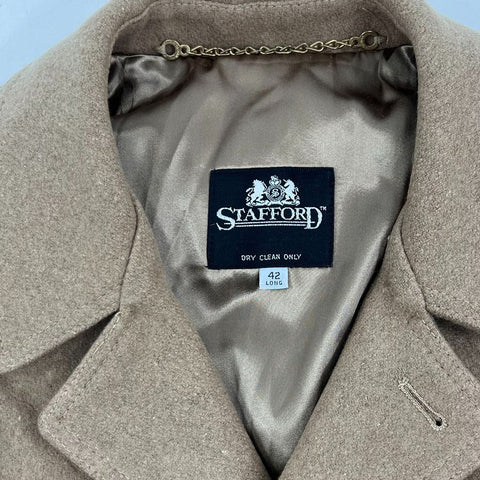 Stafford Mens 42 Long Tan Wool Overcoat Vintage Plaid Lined Car Coat