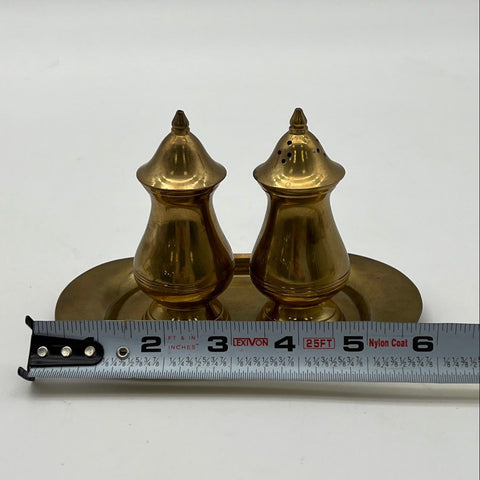 Salt and Pepper Shakers Set Vintage Brass Traditional 3 Pieces With Oval Tray