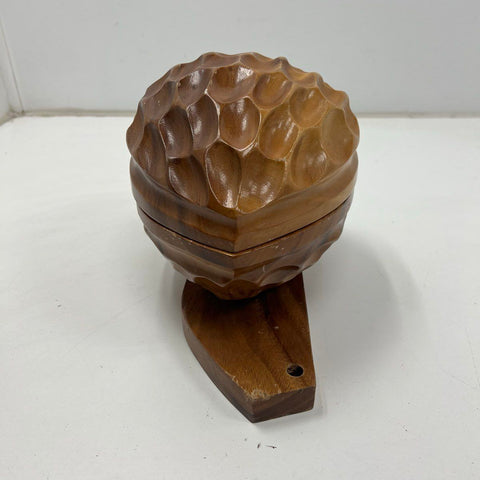 Vintage Carved Wood Walnut Shaped Nut Bowl Lidded Mid Century Modern Decor
