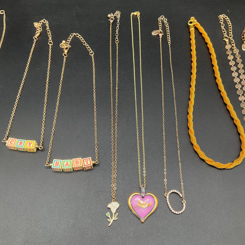 Fashion Jewelry Lot of 13 Gold Tone Necklaces Locket Heart Block Letters Rose