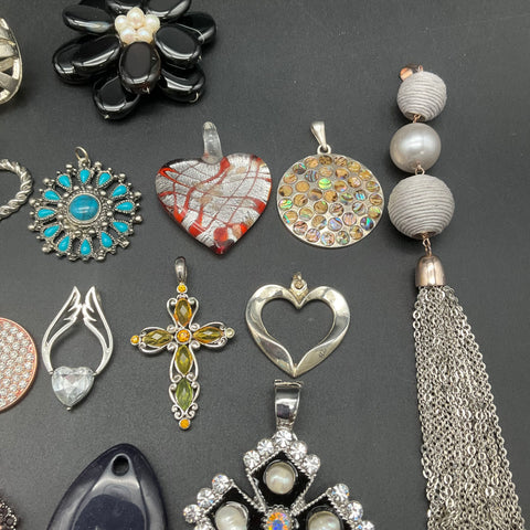 Mixed Costume Jewelry Pendant Lot of 32 Cross Heart Stone Tassel Pendants