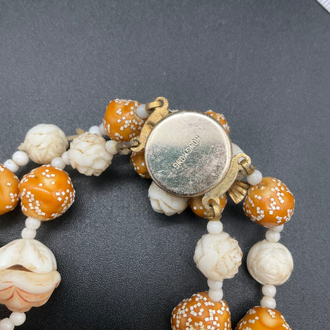 Vintage Hong Kong Double Strand Sugared Beaded Necklace Textured Floral Orange