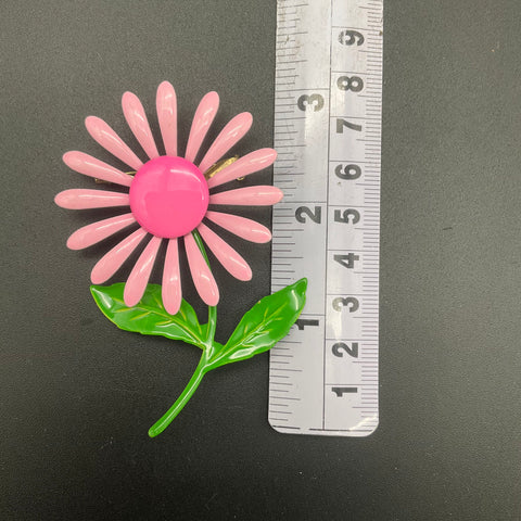 Vintage 1960s Mod Pink Enameled Daisy Flower Brooch Pin Green Stem