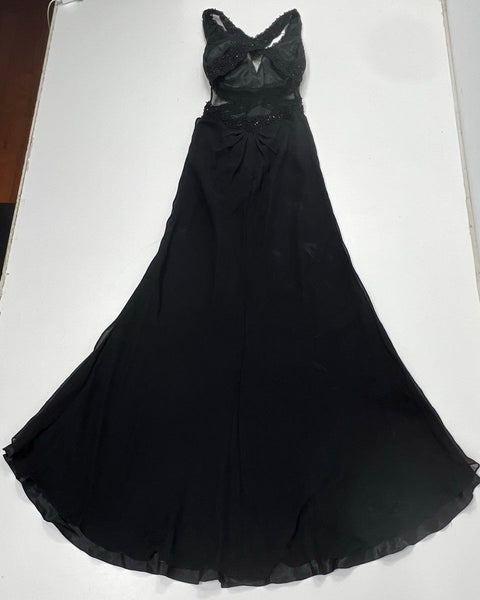 Vintage Y2K Niki Livas Women's Black Beaded Lace Cut-Out Formal Gown Dress