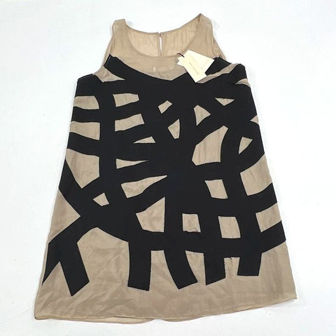 MM Couture Tan Black Silk Velvet Graphic Sheath Mini Dress Women's L NWD
