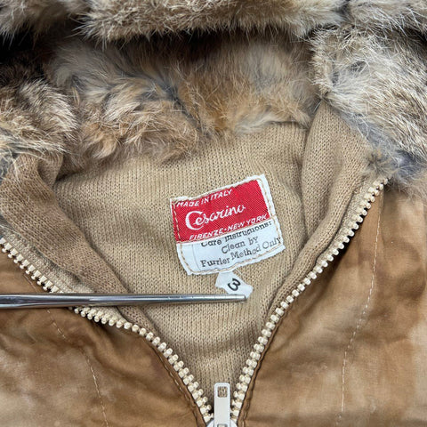 Vintage Cesarino Kids Coat Tan Brown Made in Italy Fur Trim Padded Jacket Sz 4
