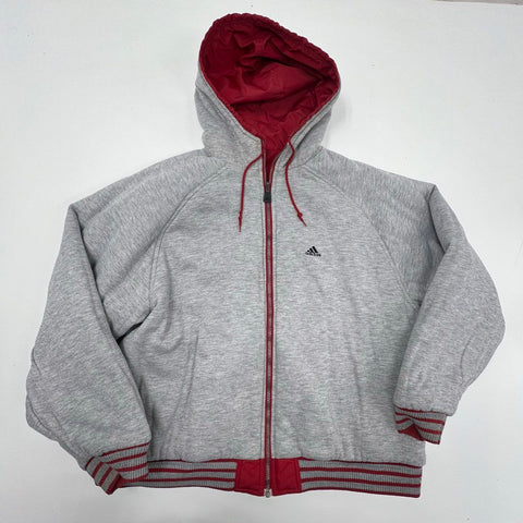 Vintage 90s Adidas Reversible Hooded Puffer Bomber Jacket Red Gray Sz 2XL