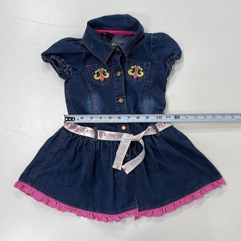 Dereon Girls Blue Denim Dress Pink Eyelet Ruffle Hem Logo Belt Size 4T