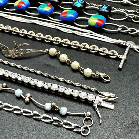 Silver Tone Costume Jewelry Bracelet Lot of 12 Vintage to Modern Tennis Heart