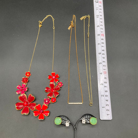 Kate Spade Jewelry Lot 4 Pieces Red Flower Statement Bar Necklaces Leaf Earrings