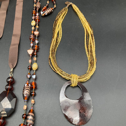 Bohemian Earth Tone Beaded Necklace Jewelry Lot of 8 Enamel Leaf Wood Resin