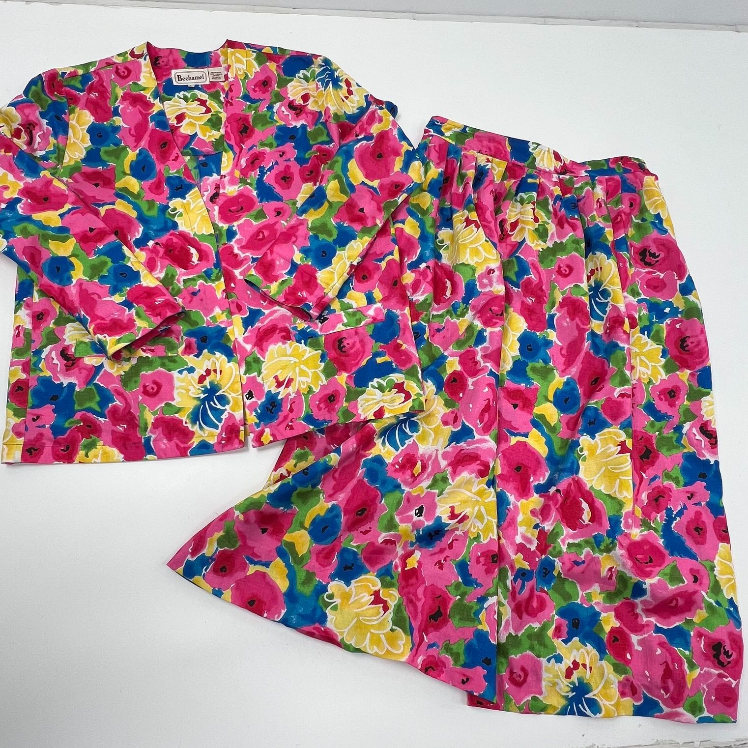 Vintage Bechamel Women's Multicolor Floral Set Jacket Large Skirt Size 16
