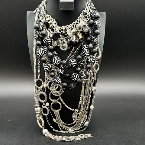 Mixed Statement Necklace Jewelry Lot Black White Silver Tone Zebra Beaded 12pc
