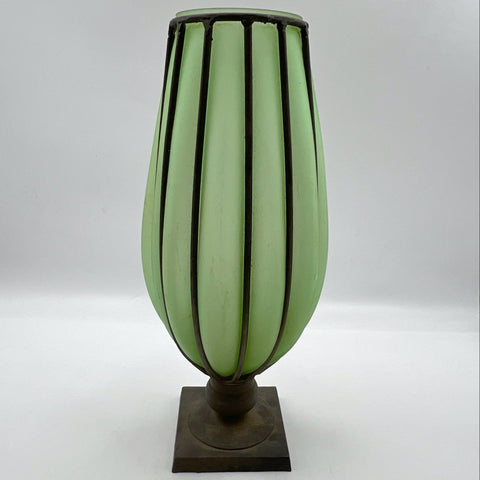 Vintage Green Satin Glass Caged Metal Frame Pedestal Vase 18 Inch Large
