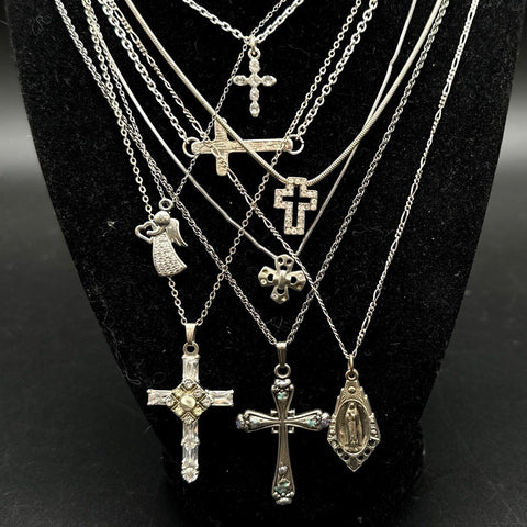 Religious Costume Jewelry Lot Silver Tone Cross Pendants Necklaces Earrings