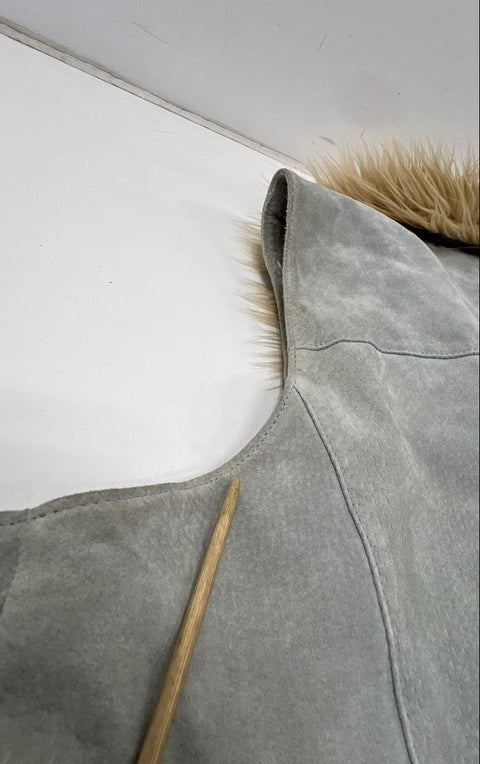 Wilson's Leather Maxima Women's Gray Suede Long Vest Faux Fur Trim Boho Sz XL