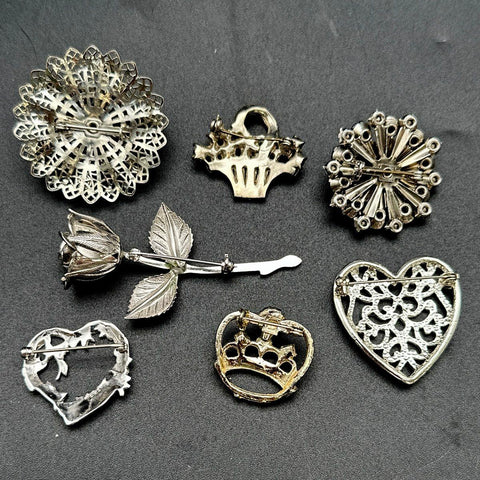 Vintage to Modern Costume Jewelry Lot of 7 Brooches Rhinestone Hearts Rose Crown
