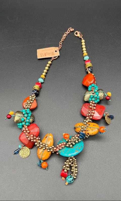 Treska Chunky Statement Necklace Multi Color Bead Bohemian Copper Tone NWT