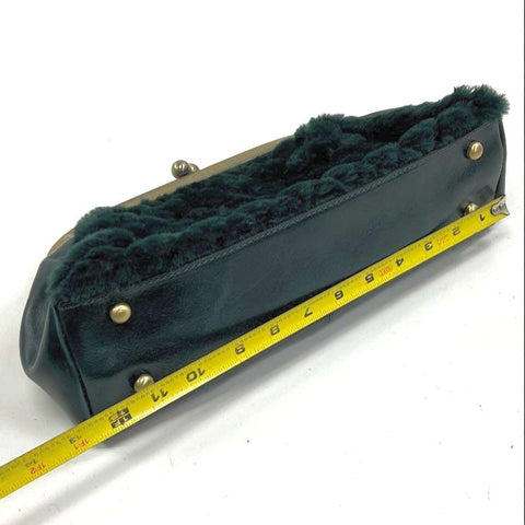 Patricia Nash Green Faux Fur Leather Frame Kiss Lock Clutch Bag Brass Hardware